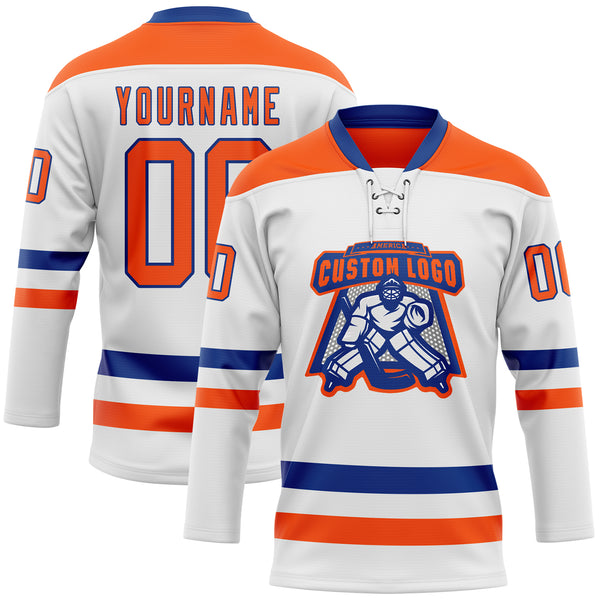 Custom White Orange-Royal Hockey Lace Neck Jersey