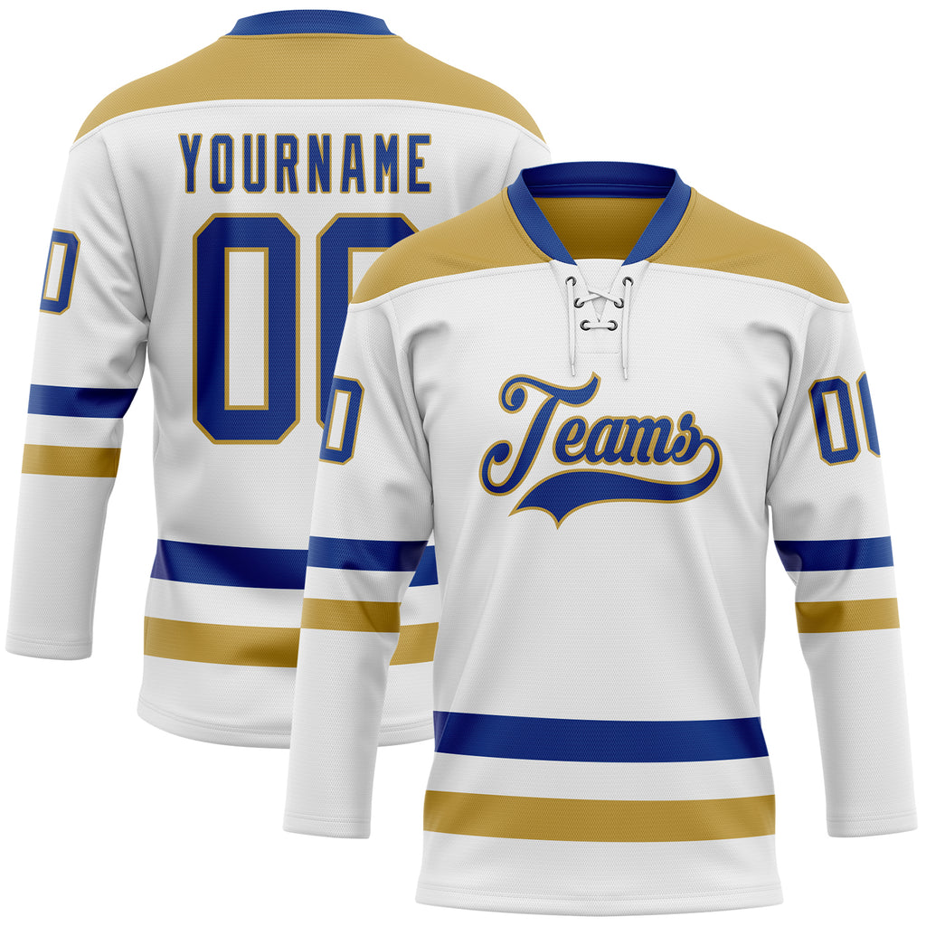 Custom White Royal-Old Gold Hockey Lace Neck Jersey