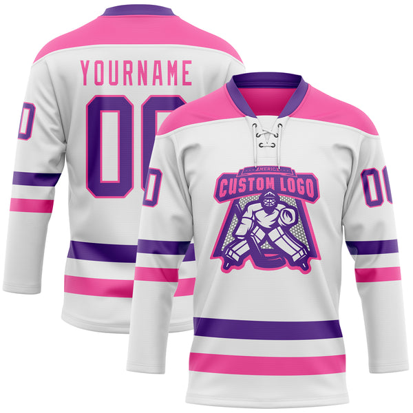 Custom White Purple-Pink Hockey Lace Neck Jersey