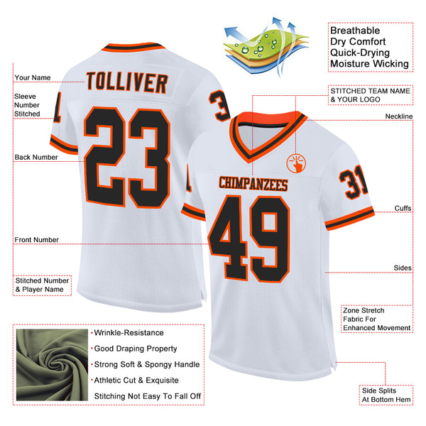 Custom White Black-Orange Mesh Authentic Throwback Football Jersey