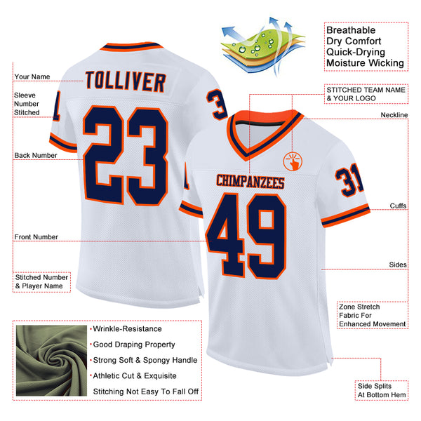 Custom White Navy-Orange Mesh Authentic Throwback Football Jersey