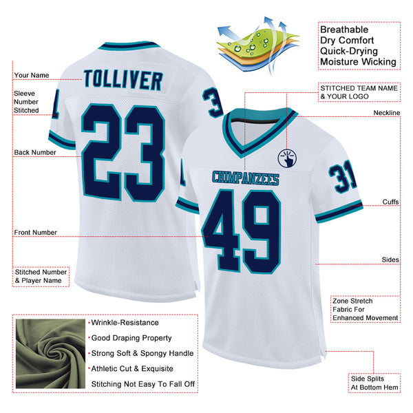 Custom White Navy-Teal Mesh Authentic Throwback Football Jersey