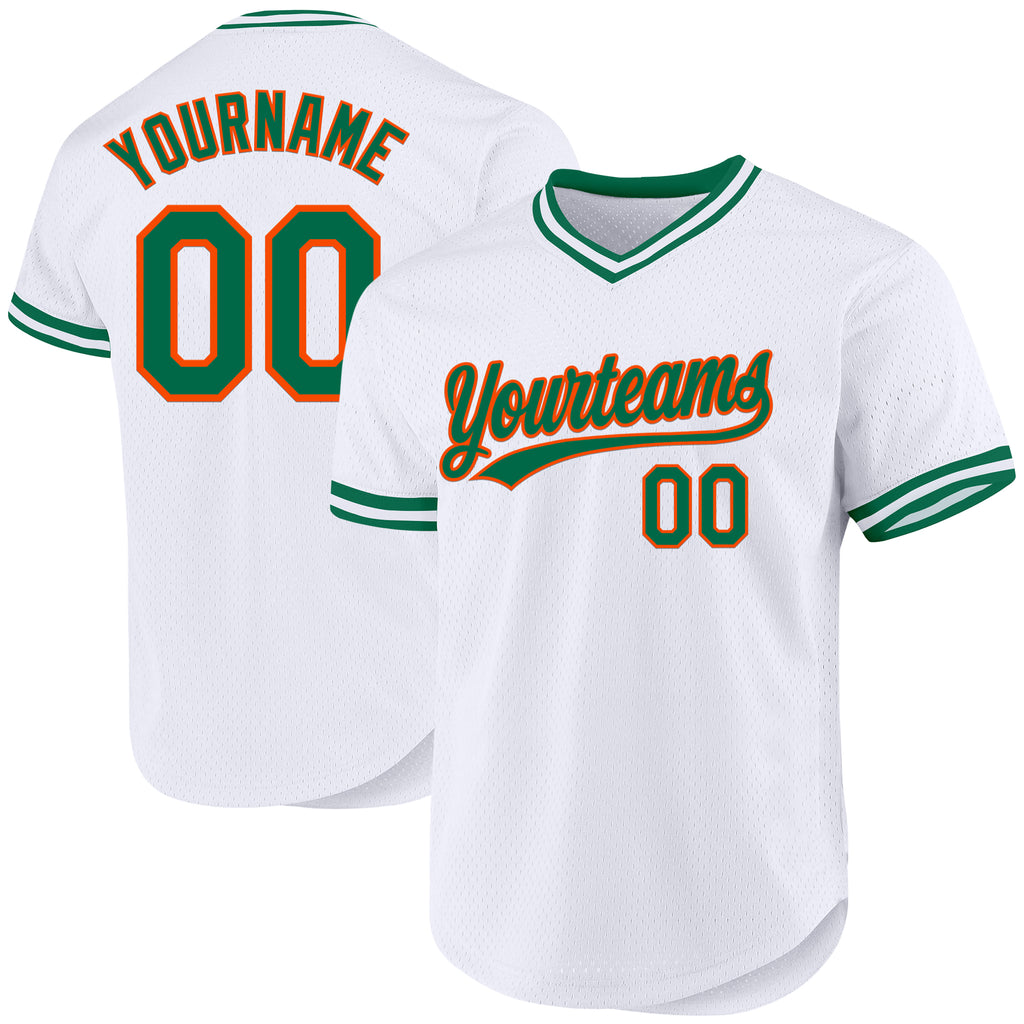 Custom White Kelly Green-Orange Authentic Throwback Baseball Jersey