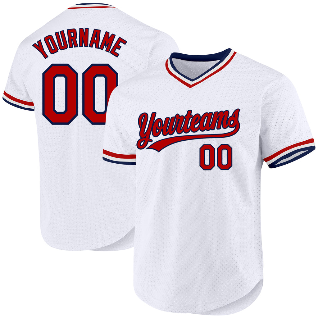 Custom White Red-Navy Authentic Throwback Baseball Jersey