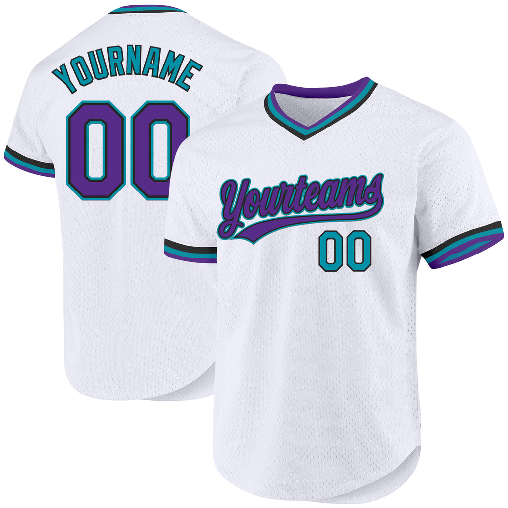 Custom White Purple Black-Teal Authentic Throwback Baseball Jersey