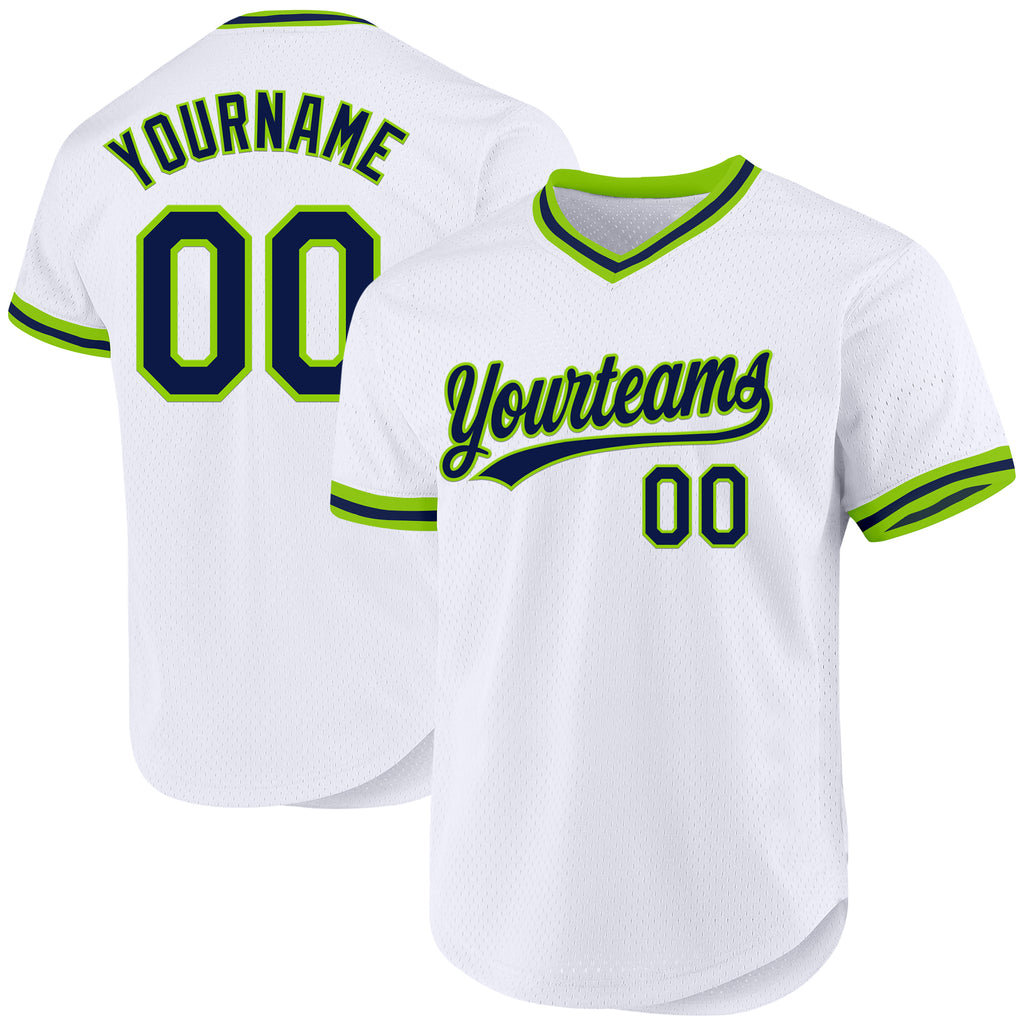 Custom White Navy-Neon Green Authentic Throwback Baseball Jersey