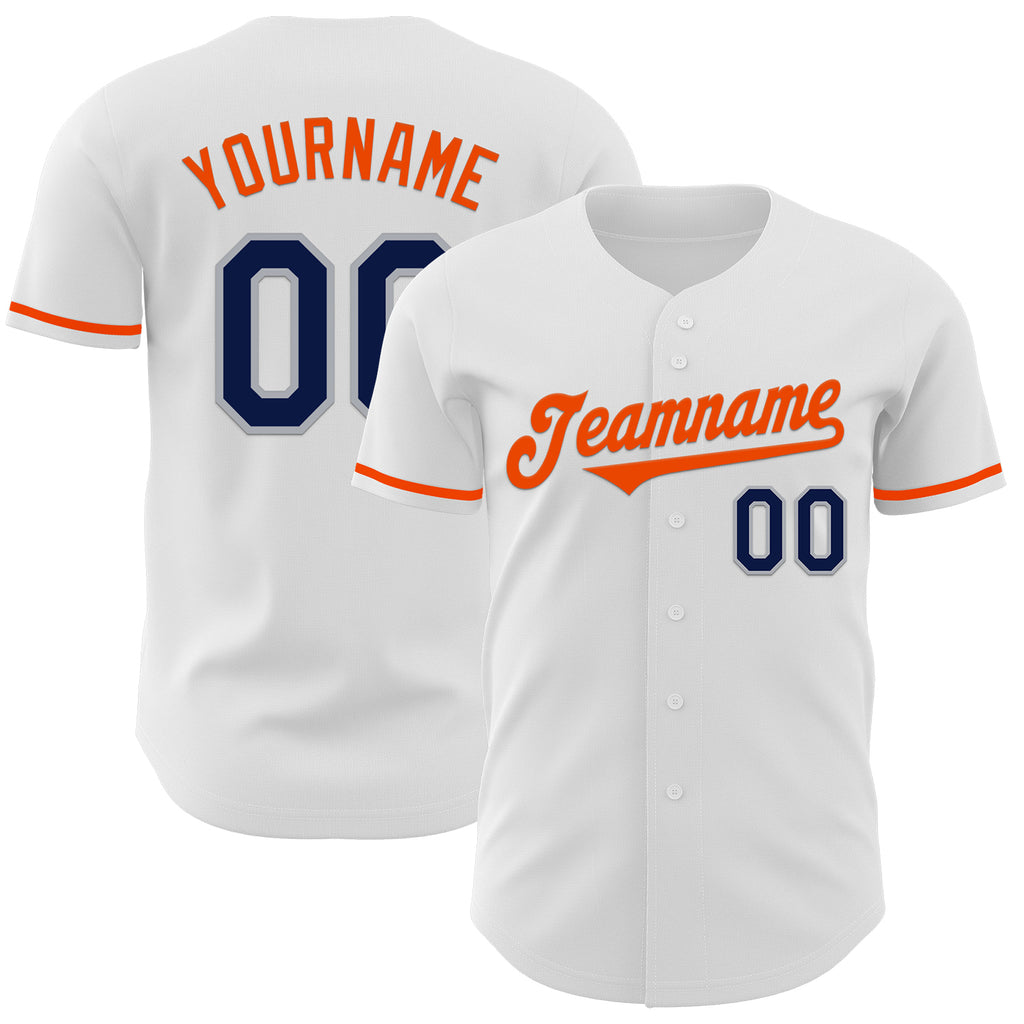 Custom White Navy Gray-Orange Authentic Baseball Jersey