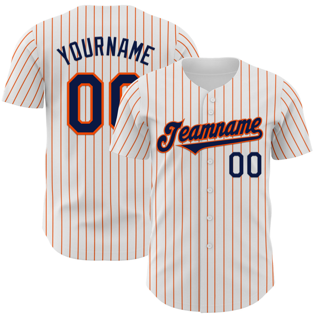 Custom White Orange Pinstripe Navy Authentic Baseball Jersey