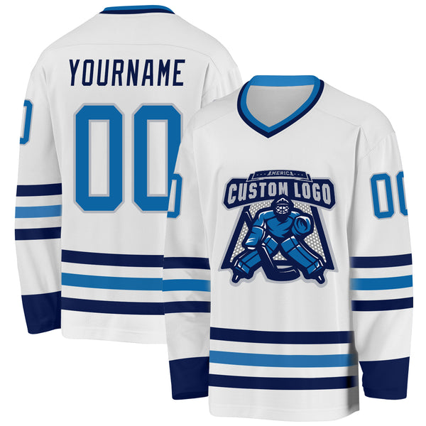 Custom White Blue Navy-Gray Hockey Jersey