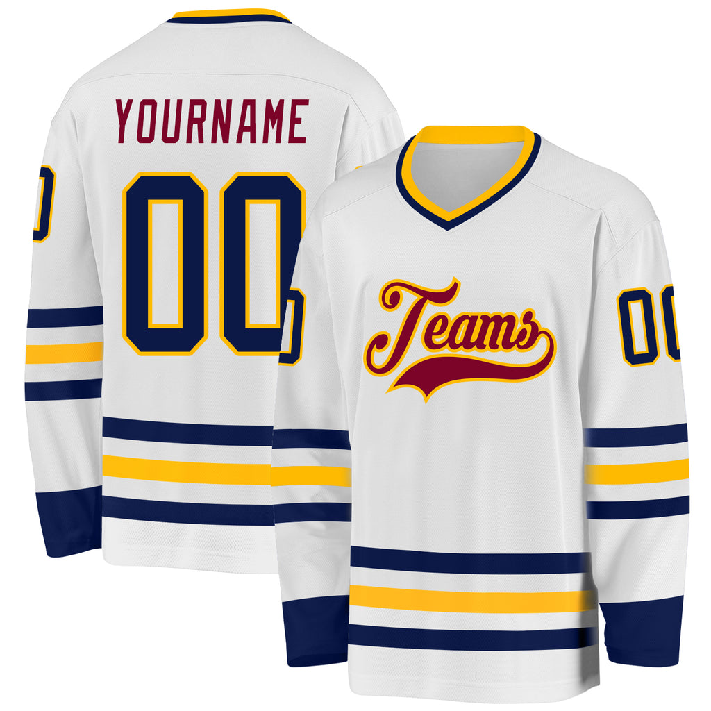 Custom White Navy Gold-Maroon Hockey Jersey