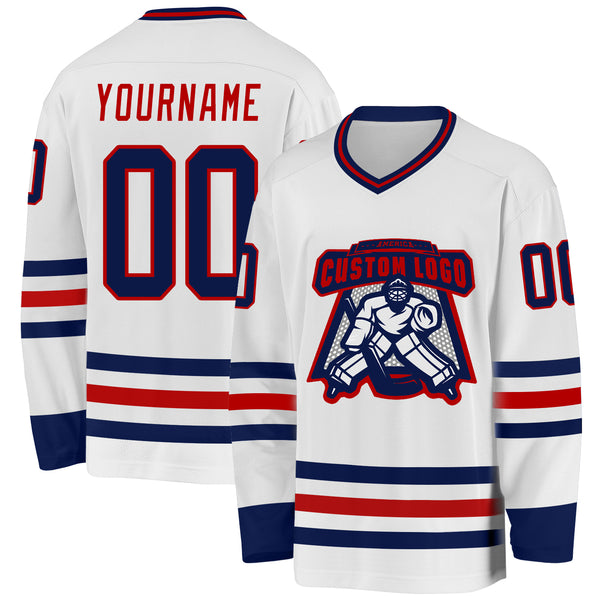 Custom White Navy-Red Hockey Jersey