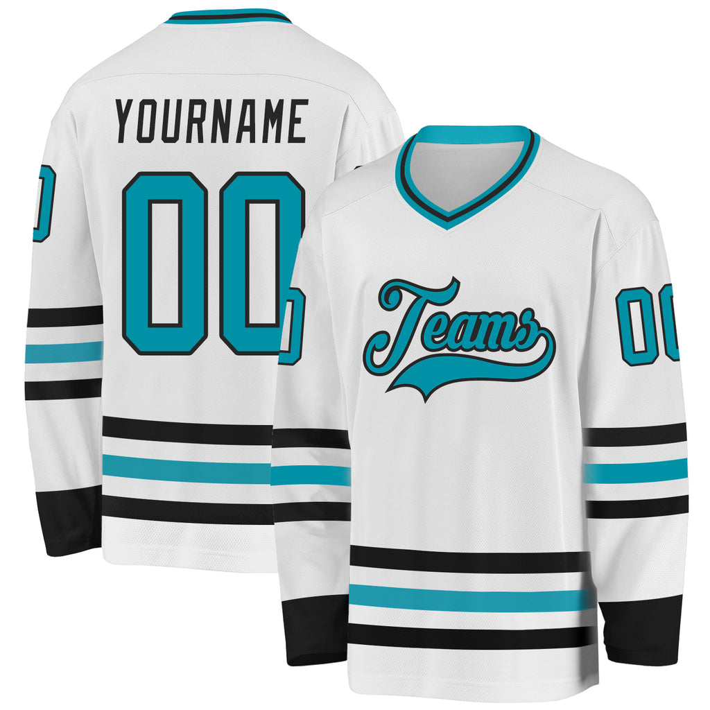 Custom White Teal-Black Hockey Jersey