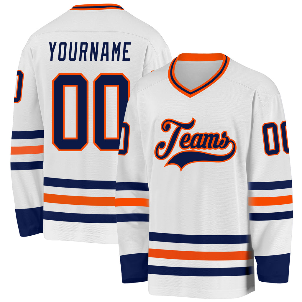 Custom White Navy-Orange Hockey Jersey