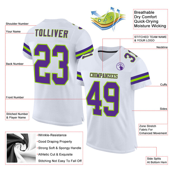 Custom White Purple-Neon Green Mesh Authentic Football Jersey