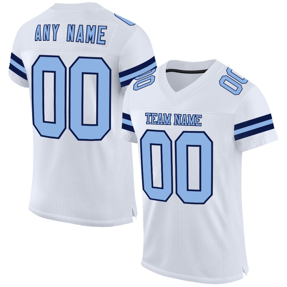 Custom White Light Blue-Navy Mesh Authentic Football Jersey