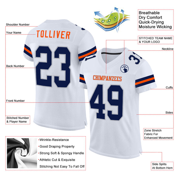 Custom White Navy Gray-Orange Mesh Authentic Football Jersey