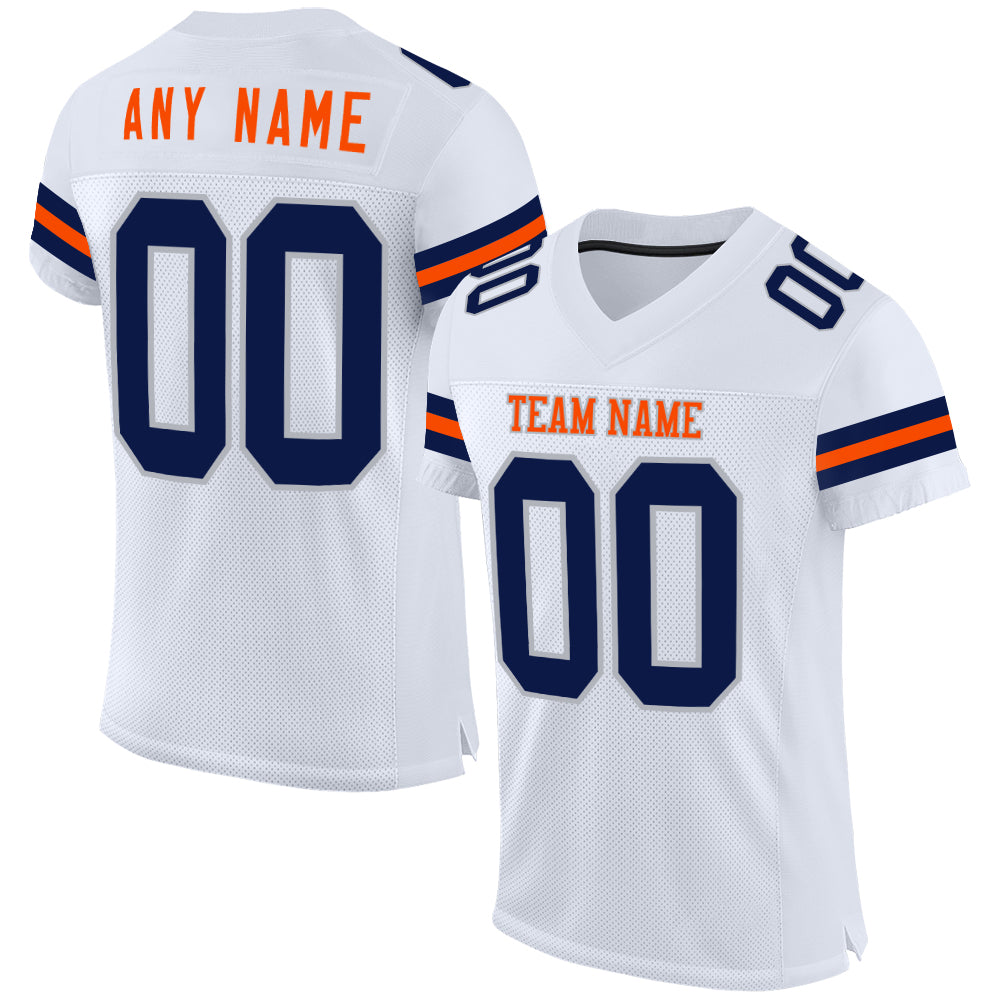 Custom White Navy Gray-Orange Mesh Authentic Football Jersey