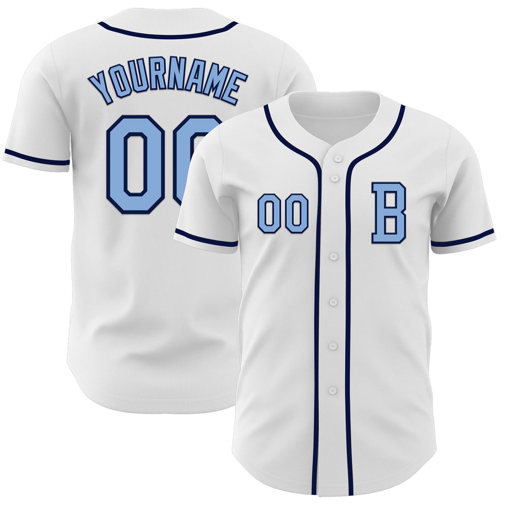 Custom White Light Blue-Navy Authentic Baseball Jersey