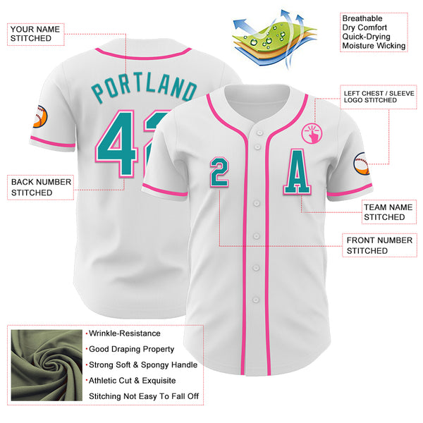 Custom White Teal-Pink Authentic Baseball Jersey