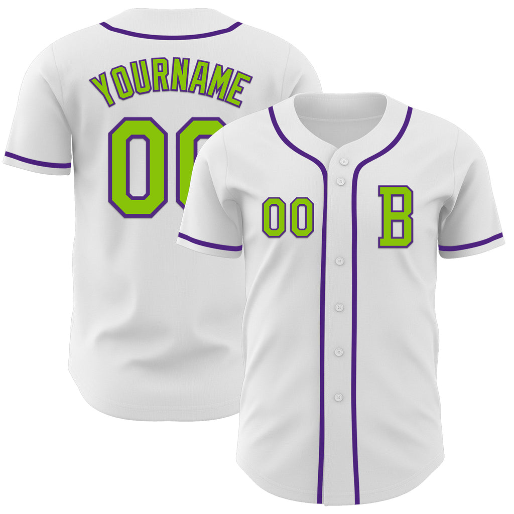 Custom White Neon Green-Purple Authentic Baseball Jersey