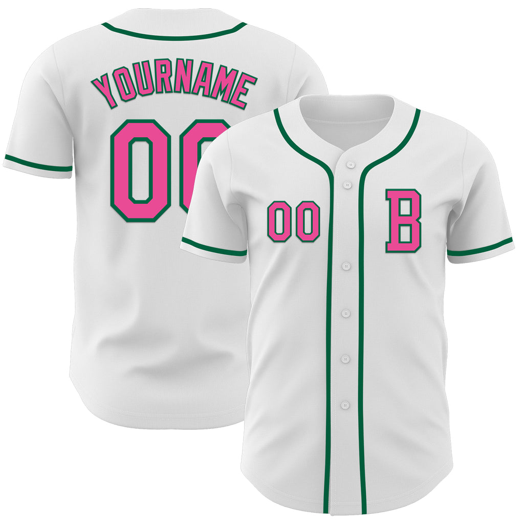 Custom White Pink-Kelly Green Authentic Baseball Jersey