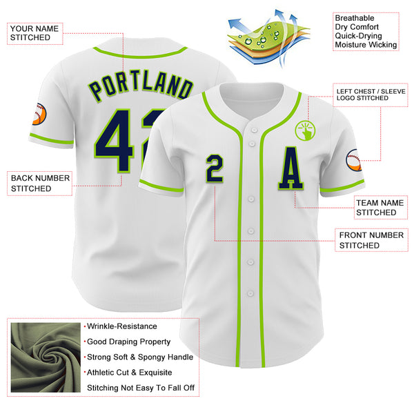 Custom White Navy-Neon Green Authentic Baseball Jersey