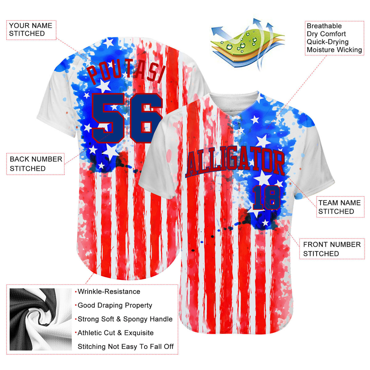 Custom White Royal-Red 3D American Flag Authentic Baseball Jersey Free ...