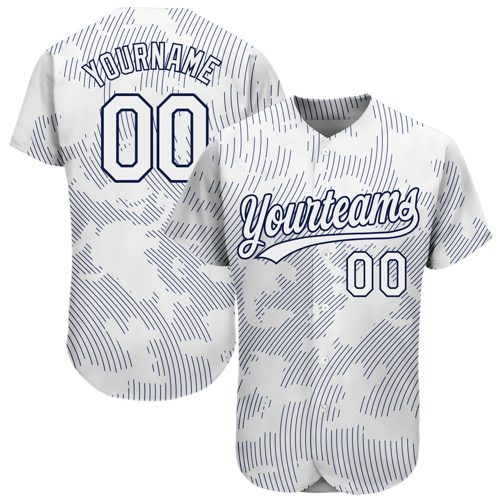 Custom White White-Navy 3D Pattern Design Authentic Baseball Jersey