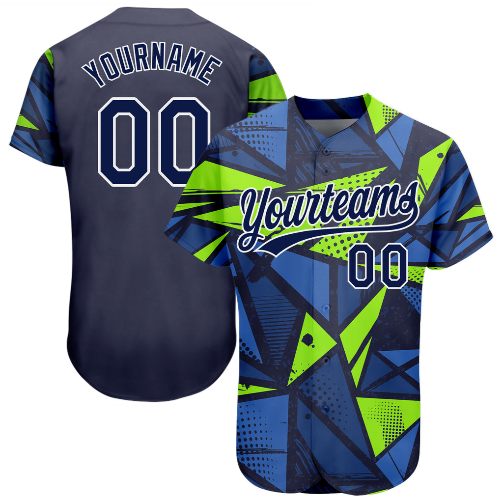 Custom Navy Navy-Neon Green 3D Pattern Design Authentic Baseball Jersey