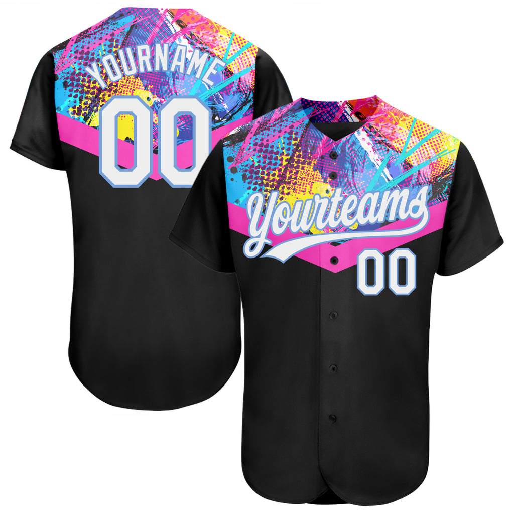 Custom Black White-Light Blue 3D Pattern Design Authentic Baseball Jersey