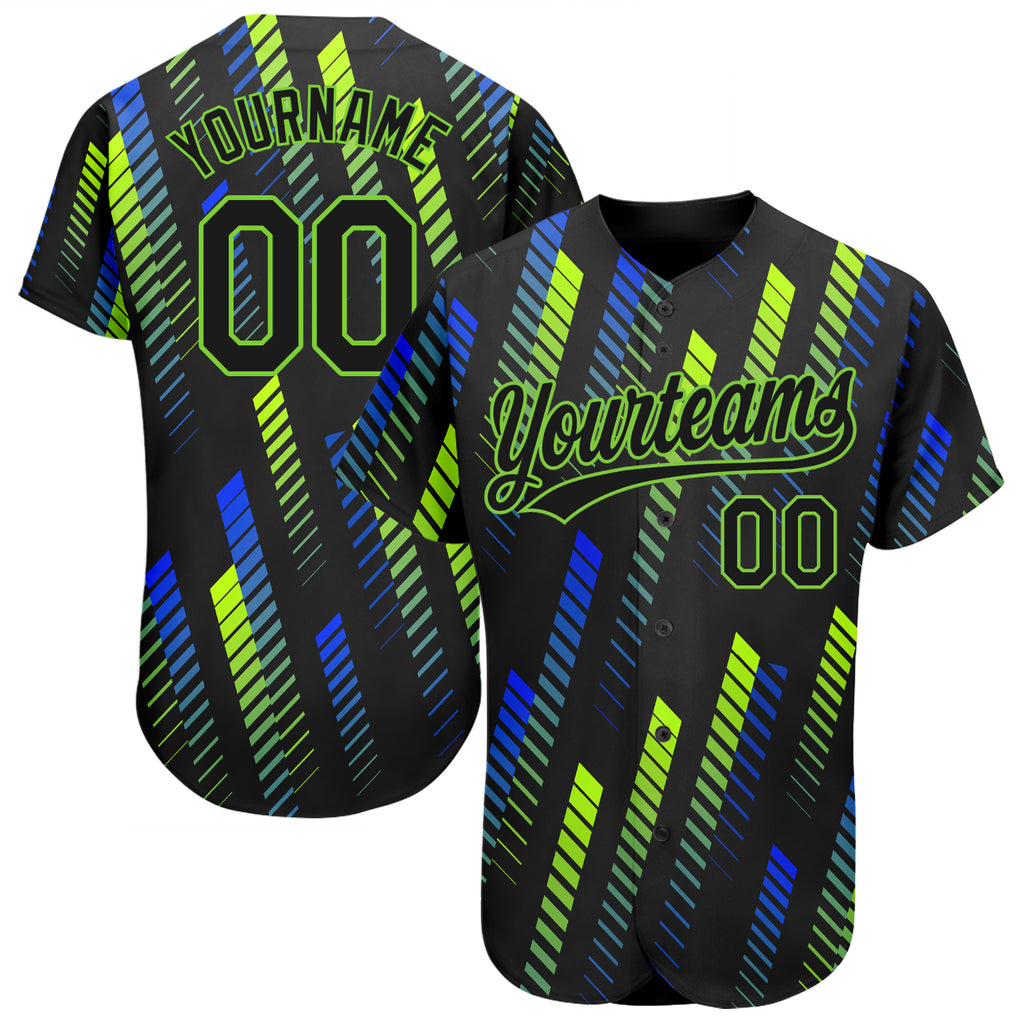 Custom Black Black Neon Green-Royal 3D Pattern Design Authentic Baseball Jersey