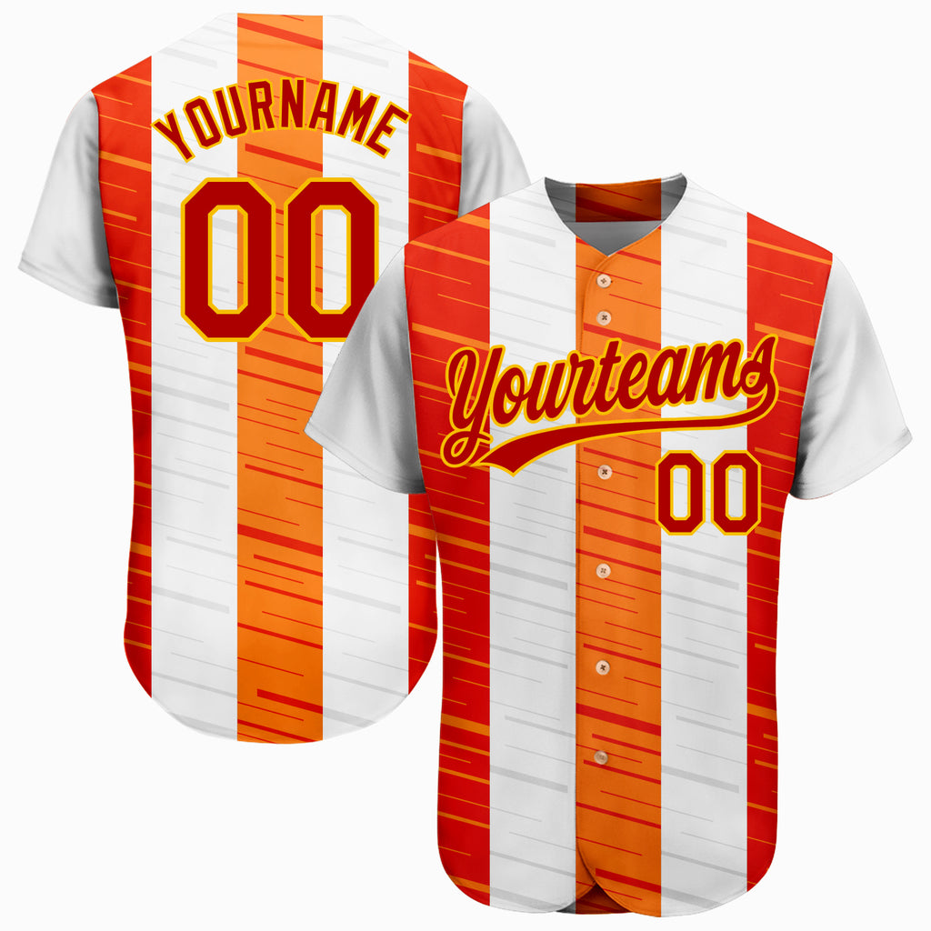 Custom White Red Gold-Orange 3D Pattern Design Authentic Baseball Jersey