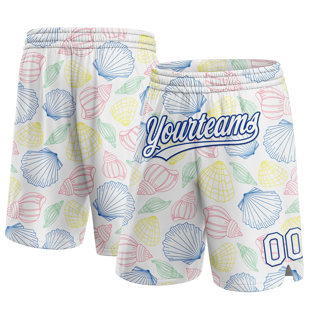 Custom White Royal 3D Pattern Sea Shells Authentic Basketball Shorts