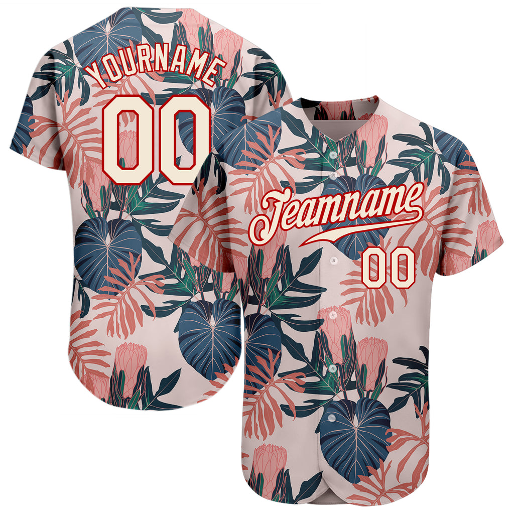 Custom Cream Red 3D Pattern Design Hawaii Palm Leaves And Flowers Authentic Baseball Jersey