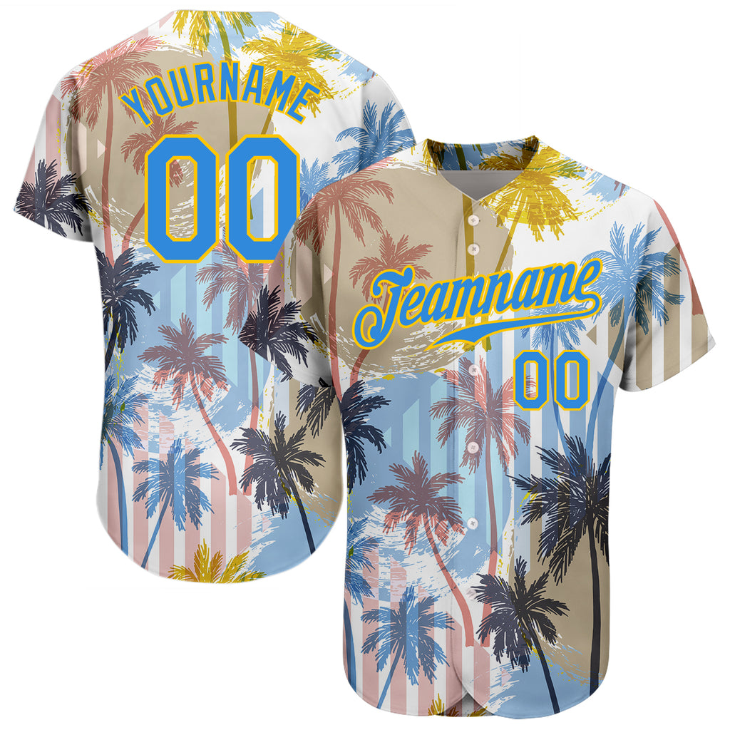 Custom White Electric Blue-Yellow 3D Pattern Design Hawaii Coconut Palms Authentic Baseball Jersey