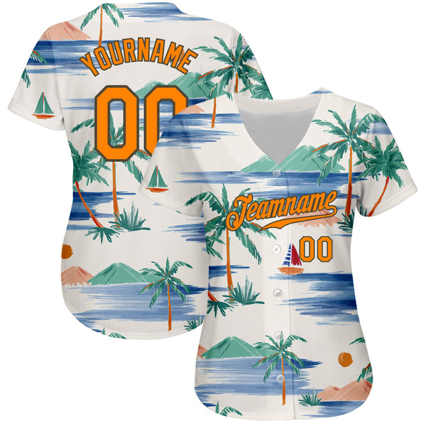 Custom Cream Bay Orange-Olive 3D Pattern Design Beach Coconut Palms Island And Sailboat Authentic Baseball Jersey