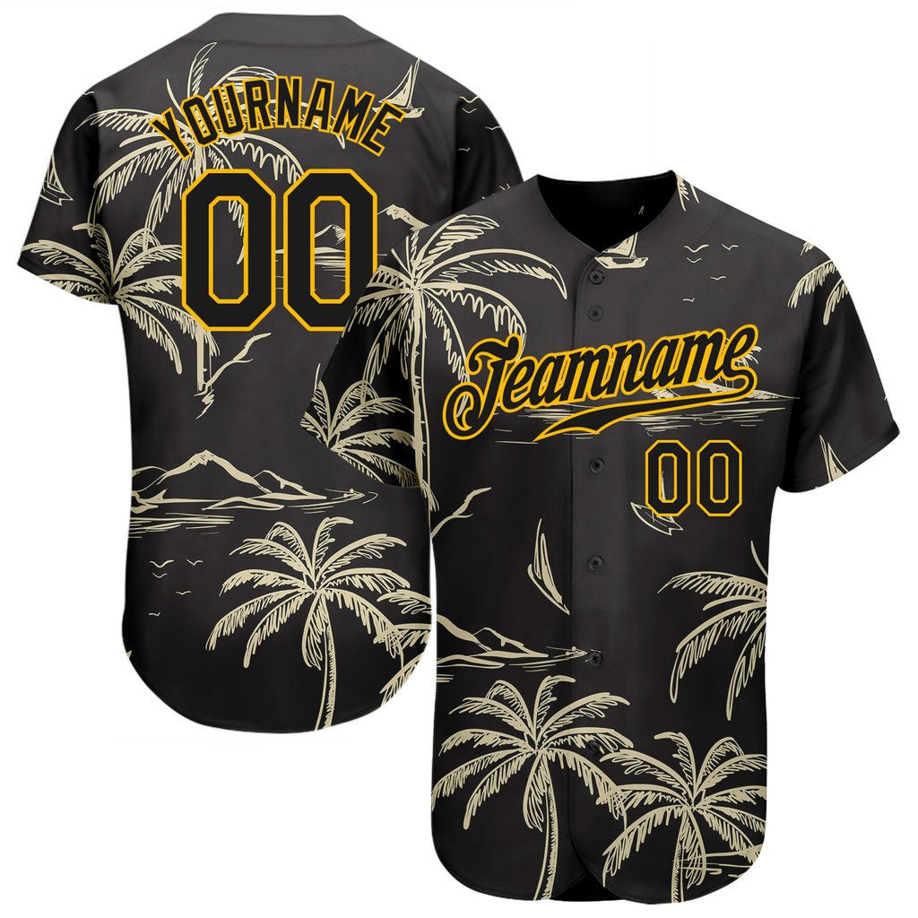 Custom Black Gold 3D Pattern Design Hawaii Palm Trees Island And Sailboat Authentic Baseball Jersey