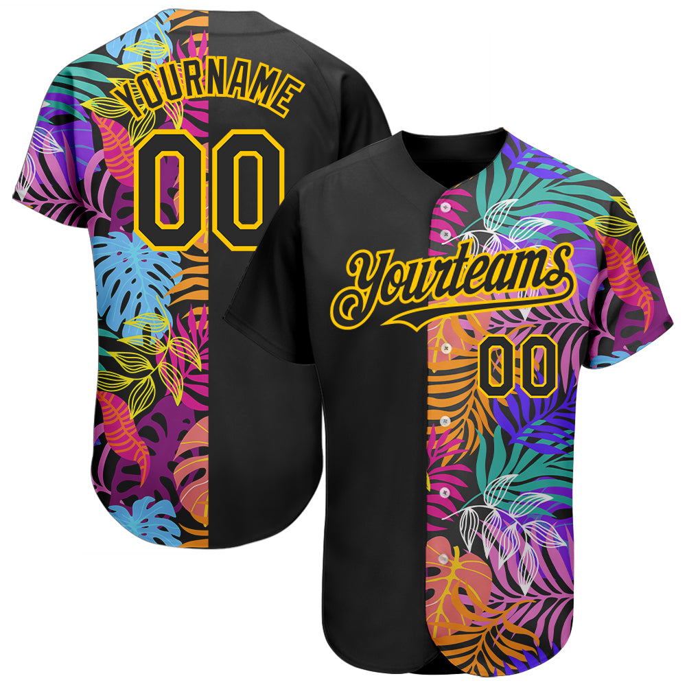 Custom Black Yellow 3D Pattern Design Hawaii Tropical Palm Trees Authentic Baseball Jersey