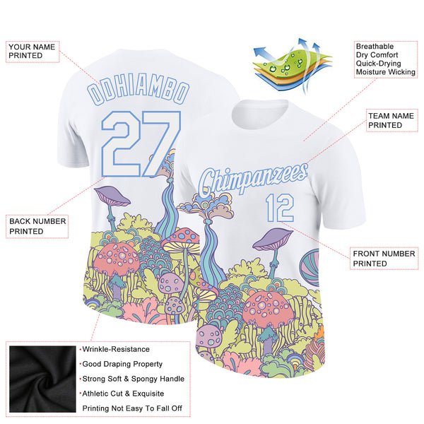 Custom White Light Blue 3D Pattern Design Colorful Flowers And Mushrooms Psychedelic Hallucination Performance T-Shirt