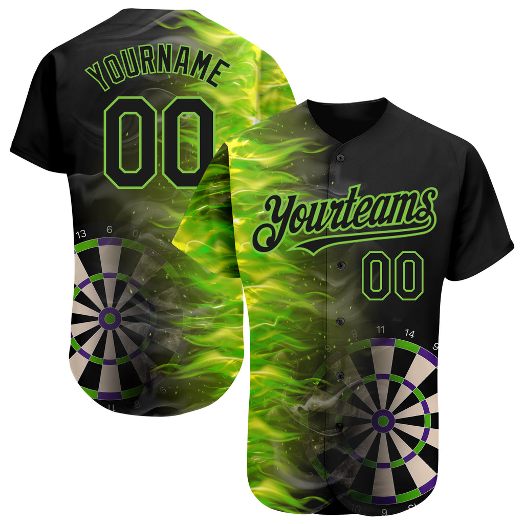 Custom Black Neon Green 3D Pattern Design Fiery Dart Board Authentic Baseball Jersey