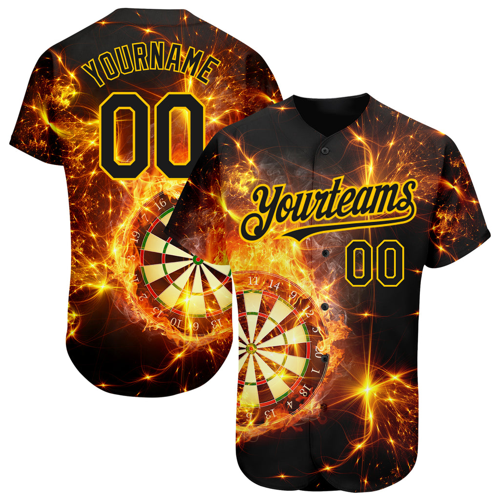 Custom Black Gold 3D Pattern Design Flame Dart Board Authentic Baseball Jersey