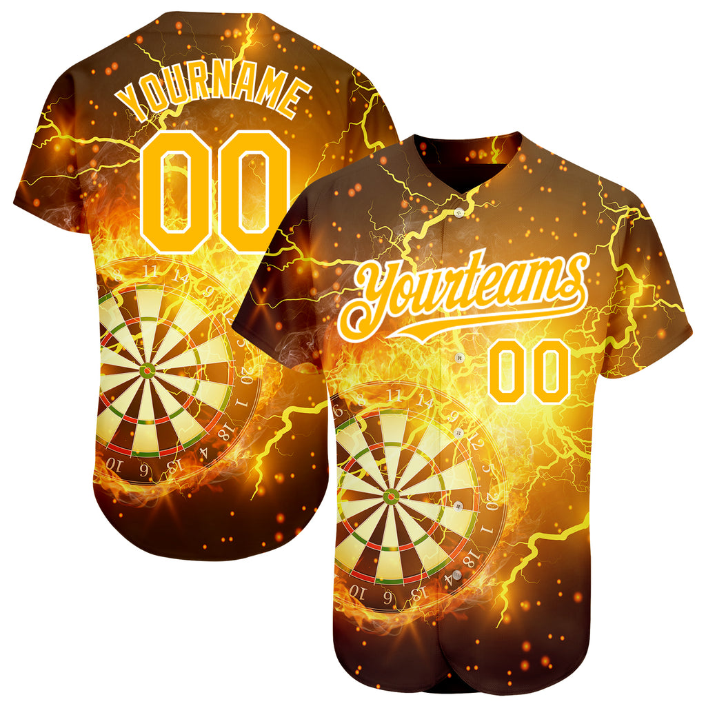 Custom Black Gold-White 3D Pattern Design Lightning Flame Dart Board Authentic Baseball Jersey