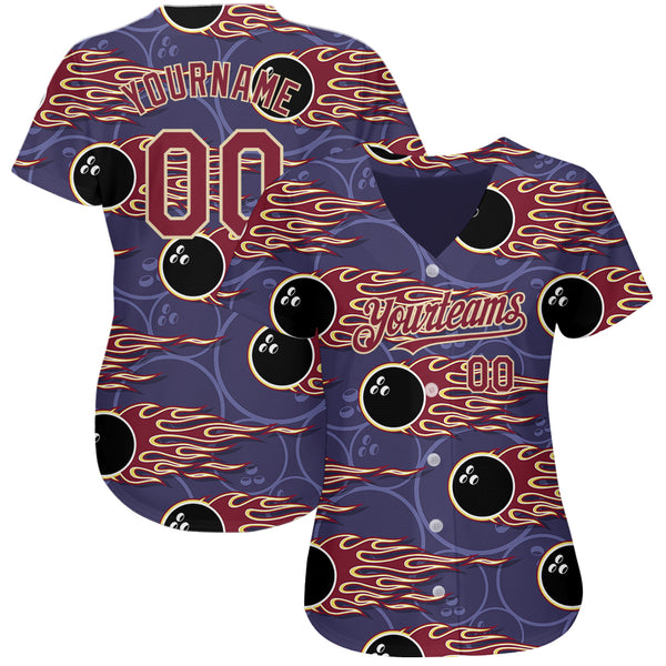 Custom Purple Crimson-City Cream 3D Pattern Design Bowling Ball With Hotrod Flame Authentic Baseball Jersey