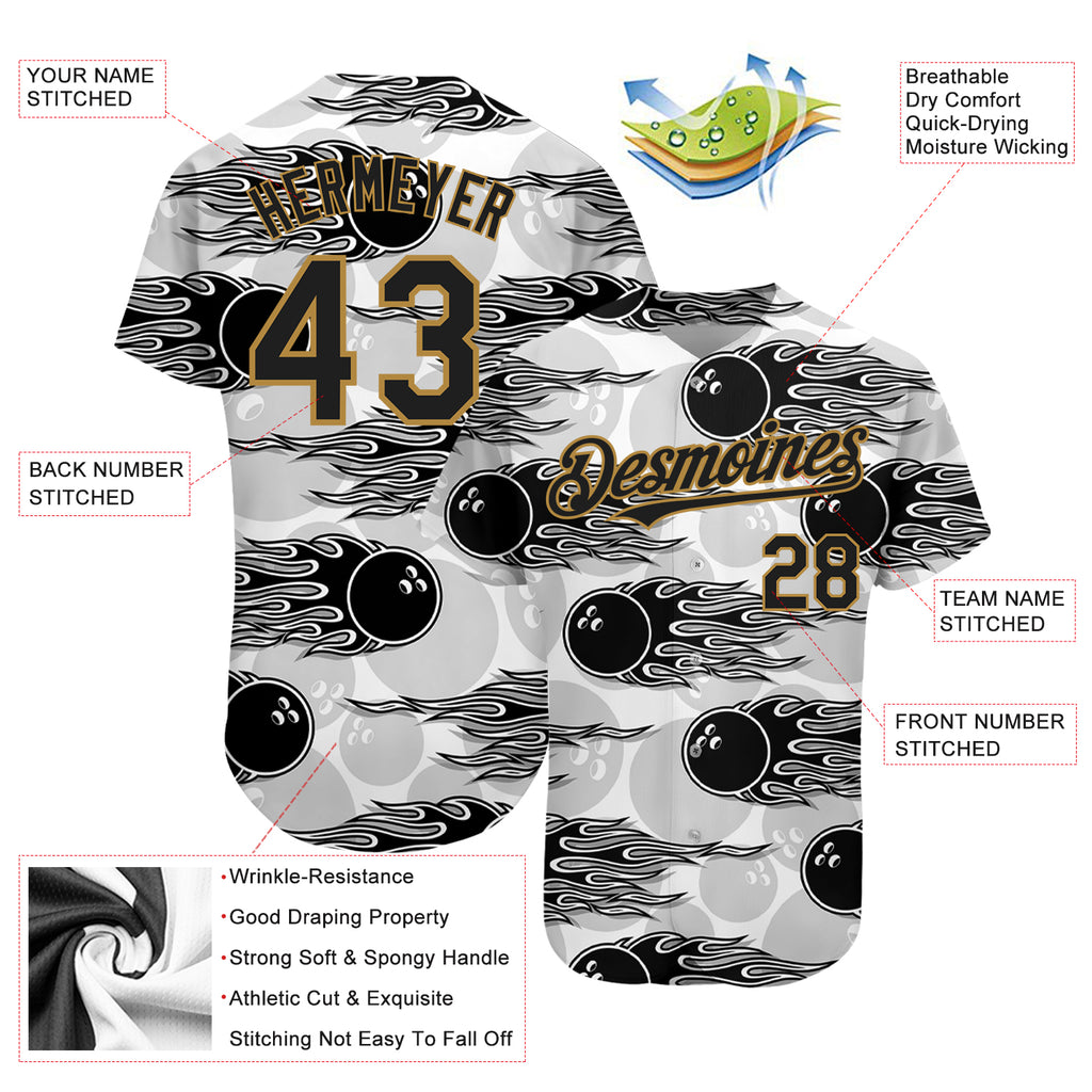 Custom Gray Gold-Black 3D Pattern Design Authentic Baseball Jersey