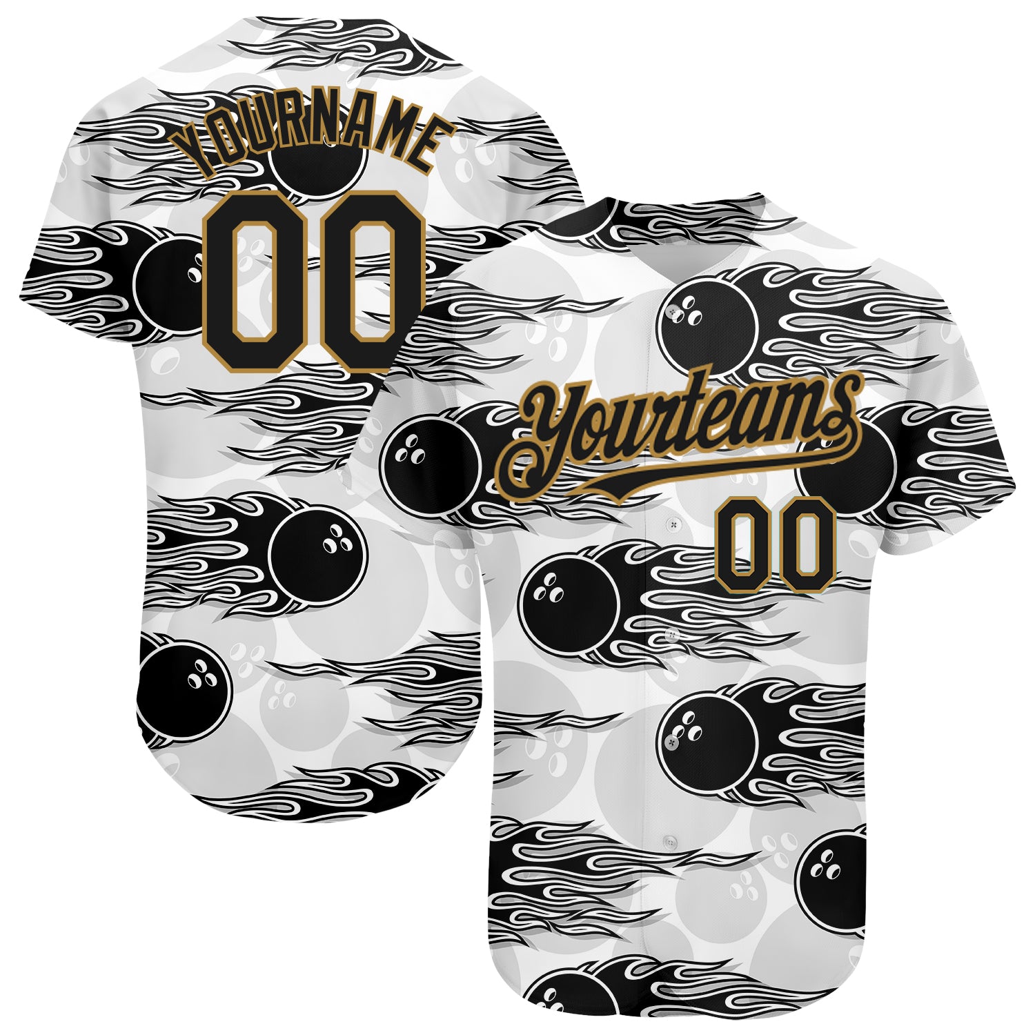 Custom Baseball Jersey Black Gold 3D Pattern Design Flame Bowling Authentic Men's Size:L