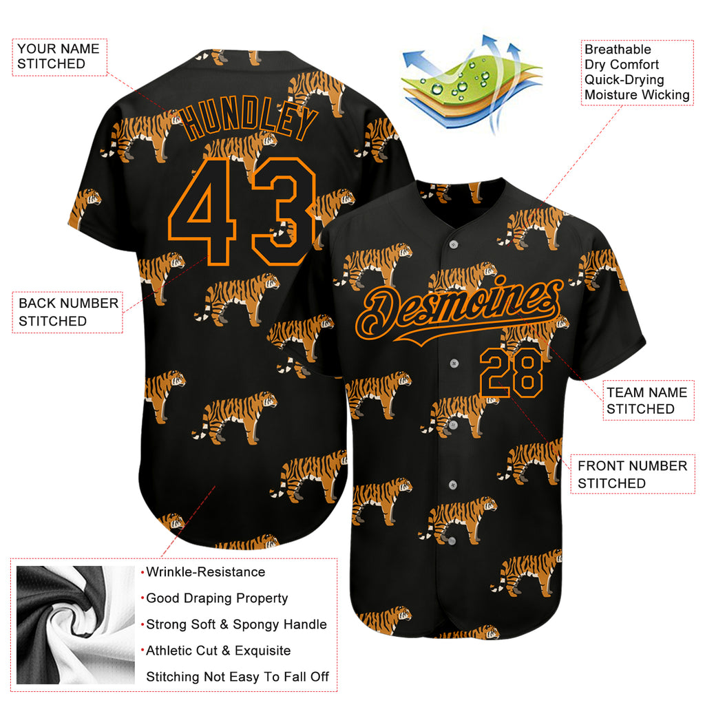 Custom Orange Orange-Black 3D Pattern Design Tiger Authentic Baseball Jersey Women's Size:3XL