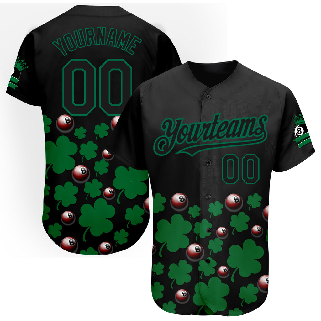 Custom Black Green 3D Pattern Design Clovers And Billiards Balls St. Patrick's Day Authentic Baseball Jersey