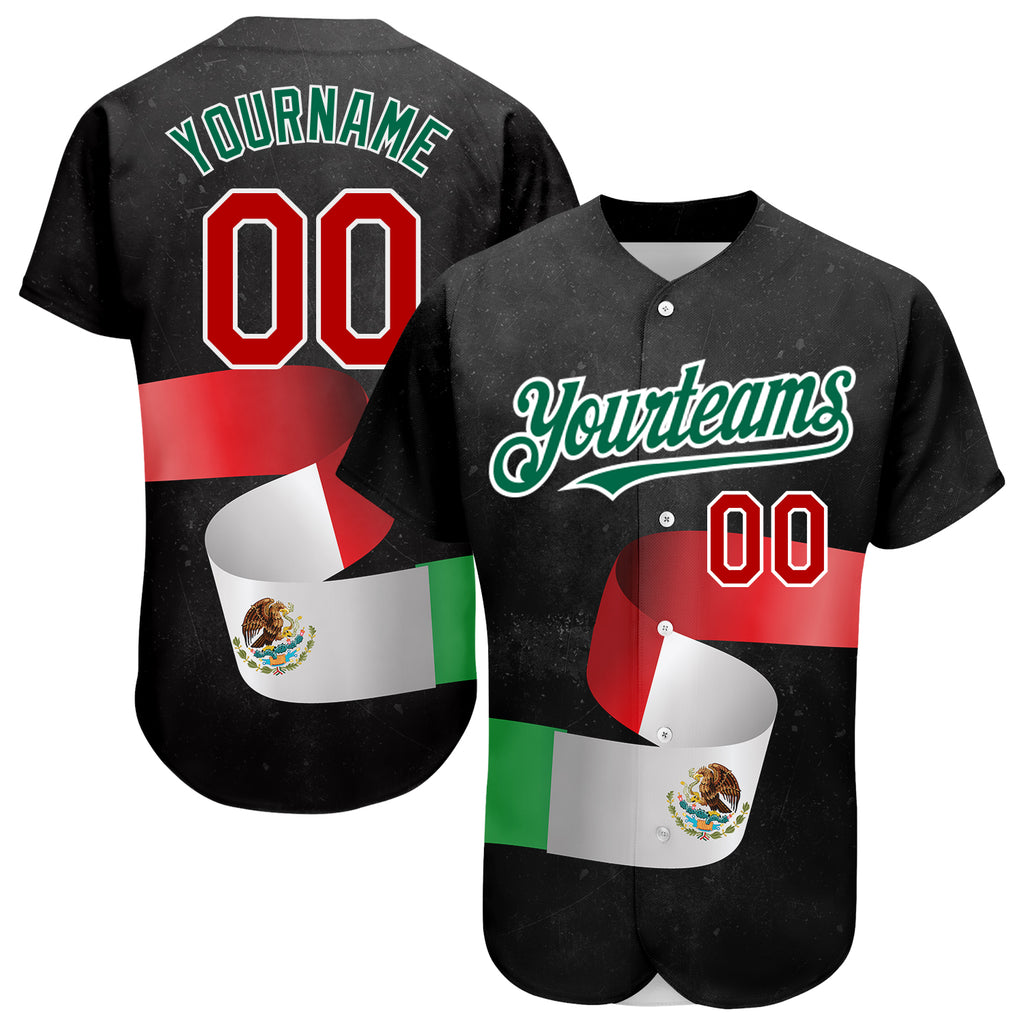 Custom Baseball Jersey Kelly Green Red-White 3D Mexican Flag Watercolored Splashes Grunge Design Authentic Women's Size:S