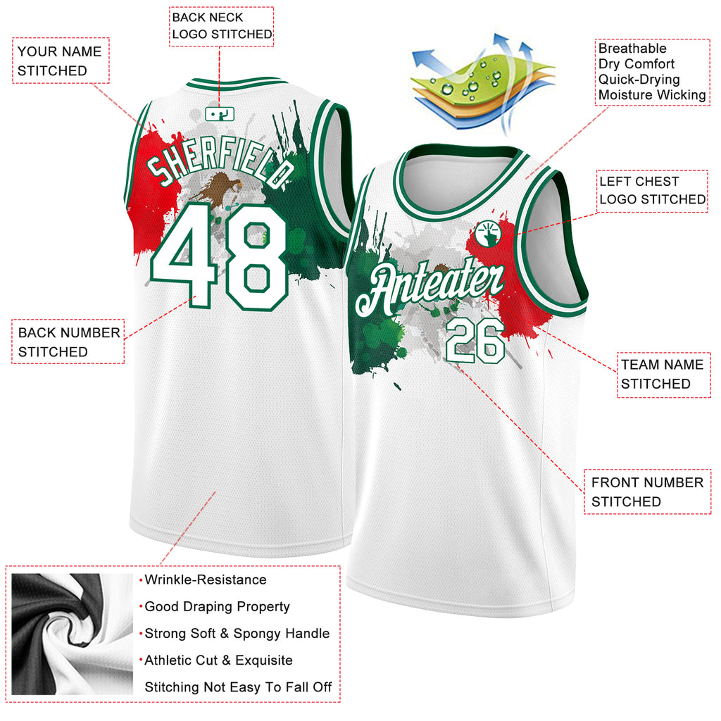 Custom White Kelly Green-Red 3D Mexico Splashes Authentic Basketball J –  Fiitg