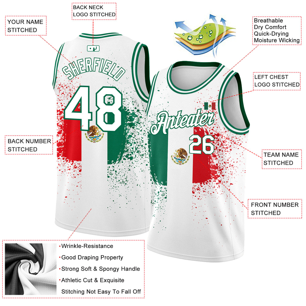 Custom White Kelly Green-Red 3D Mexican Flag Authentic Basketball Jers –  Fiitg